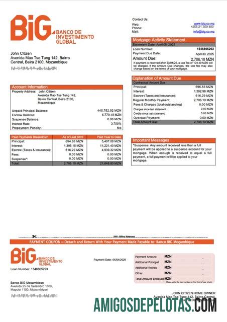 imprimível Mozambique Banco BIG Moçambique Mortgage Statement Word And PDF Template